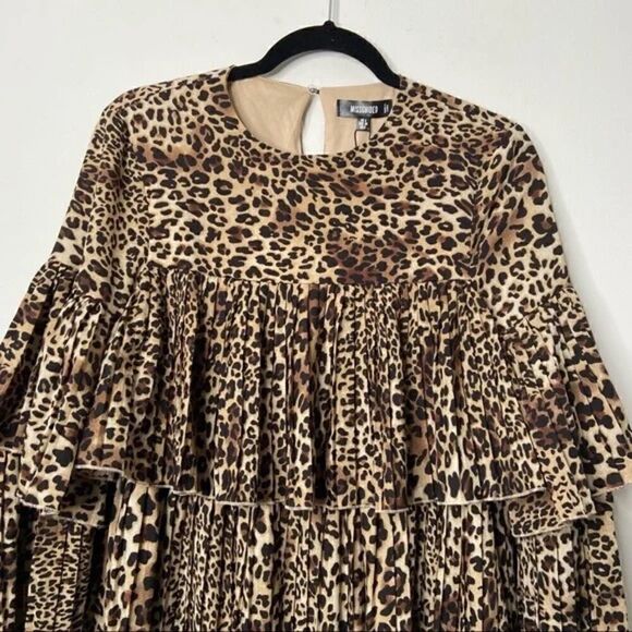 Missguided Pleated Smock Leopard Print Bell Sleeve Mini Dress Sz 6 Tall - Picture 6 of 7
